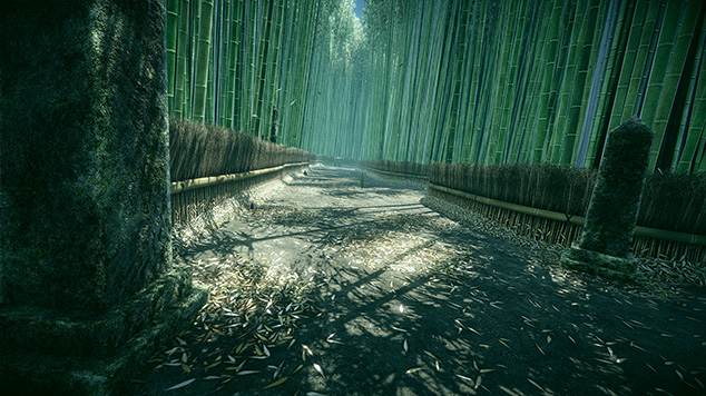 石造物のそばから見た竹林の道のBamboo Road Mapシーン