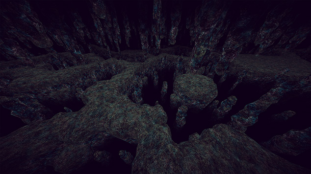 無限に続く岩場と深い穴が広がるBottomless Cave Mapのシーン