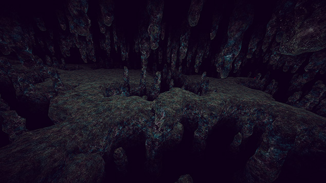 岩の足場と鍾乳石が広がるBottomless Cave Mapのシーン