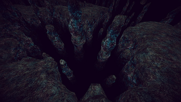 岩場の間に深い裂け目があるBottomless Cave Mapのシーン