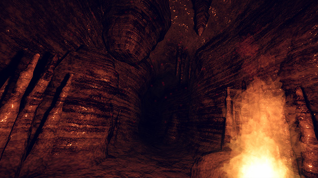 炎に照らされたオレンジ色のCave Mapの洞窟