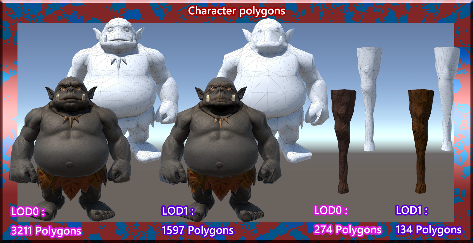 Orcのキャラクターと脚部のポリゴン比較