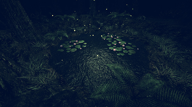 暗い森の水場に睡蓮と光る粒が浮かぶForest Mapのシーン