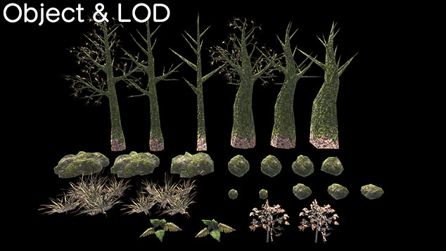 Sad Forestの木、岩、草のオブジェクトとLODの例