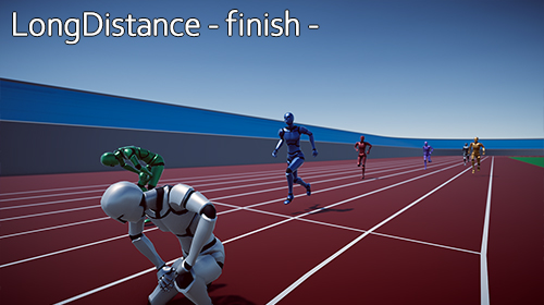 Characters resting after a long-distance finish while other runners continue on the track.